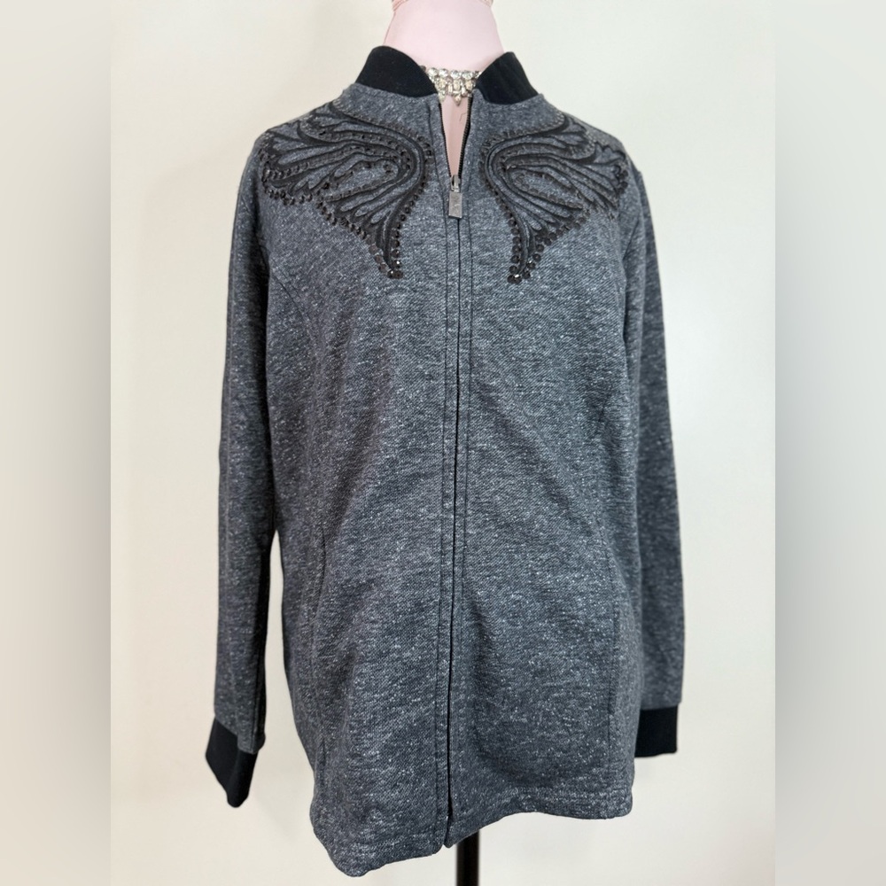 Bob Mackie Gray Zip-Up Jacket with Embroidered Design in size medium